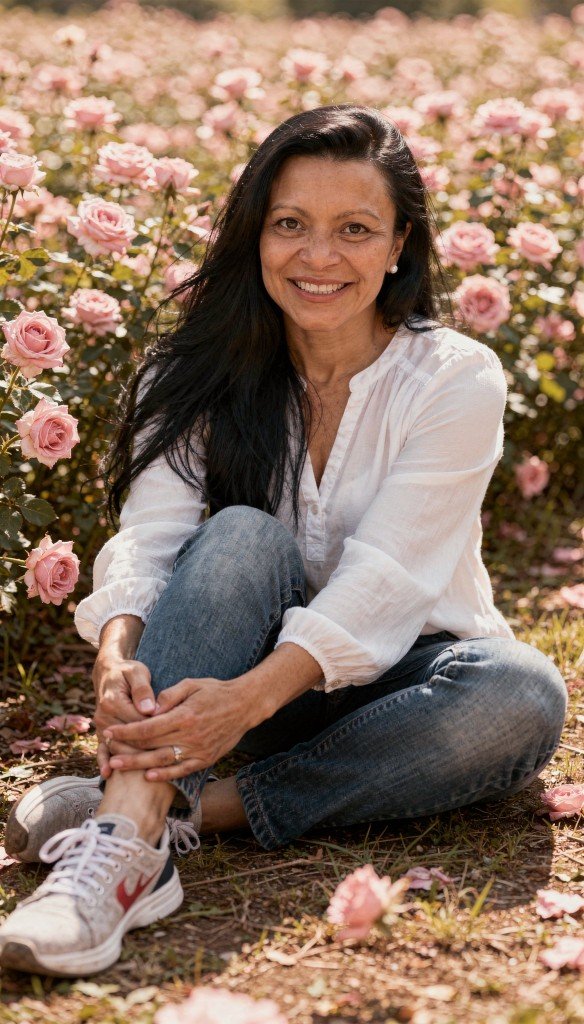 Fátima Keller sonriendo entre rosas rosadas, con blusa blanca y jeans