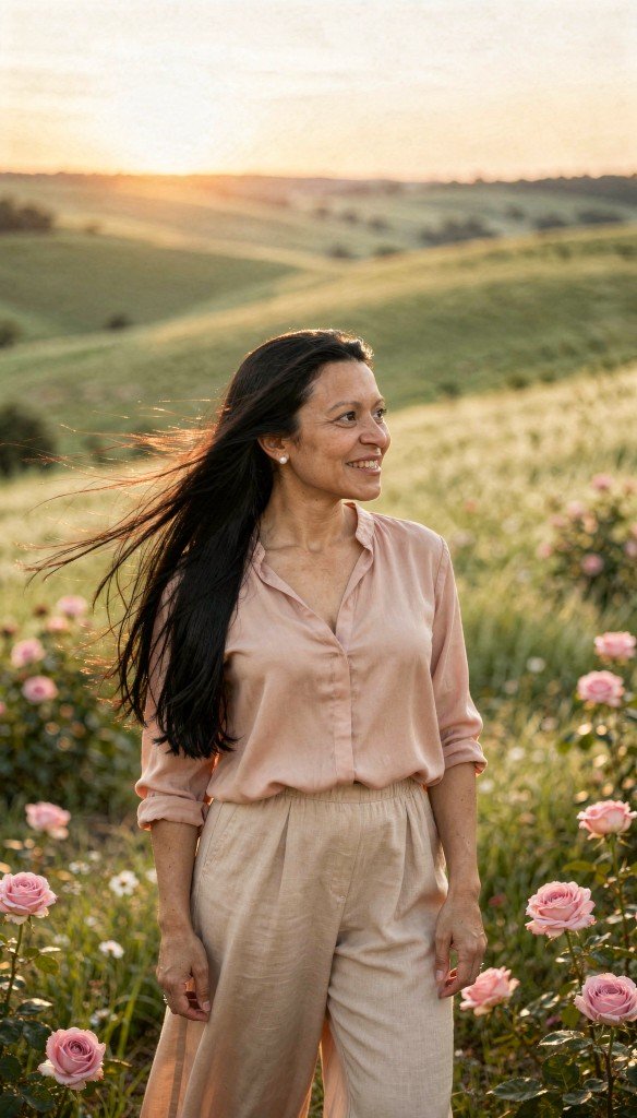 Fátima Keller en un campo de rosas al atardecer, taller Merecedora